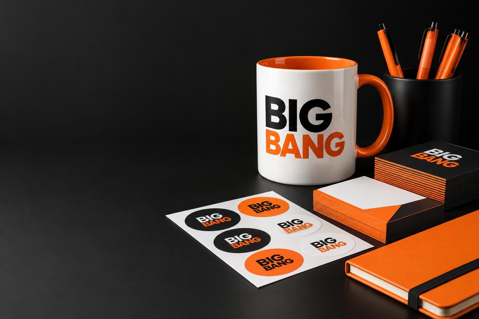 Composição ilustrativa de caneca, cartões e adesivos com a marca Big Bang