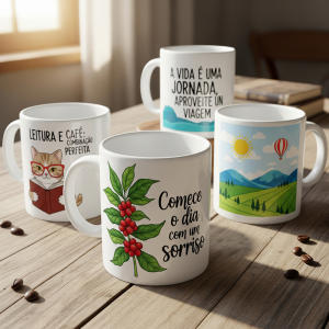 Canecas Personalizadas: Crie a Sua e Desfrute com Estilo! Cerâmica 96x150mm Sem Limite de Cores   